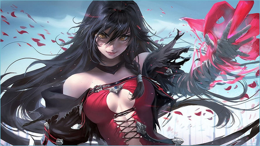 Anime Girl With Black Hair And Red Dress Casting Magic Spell HD wallpaper