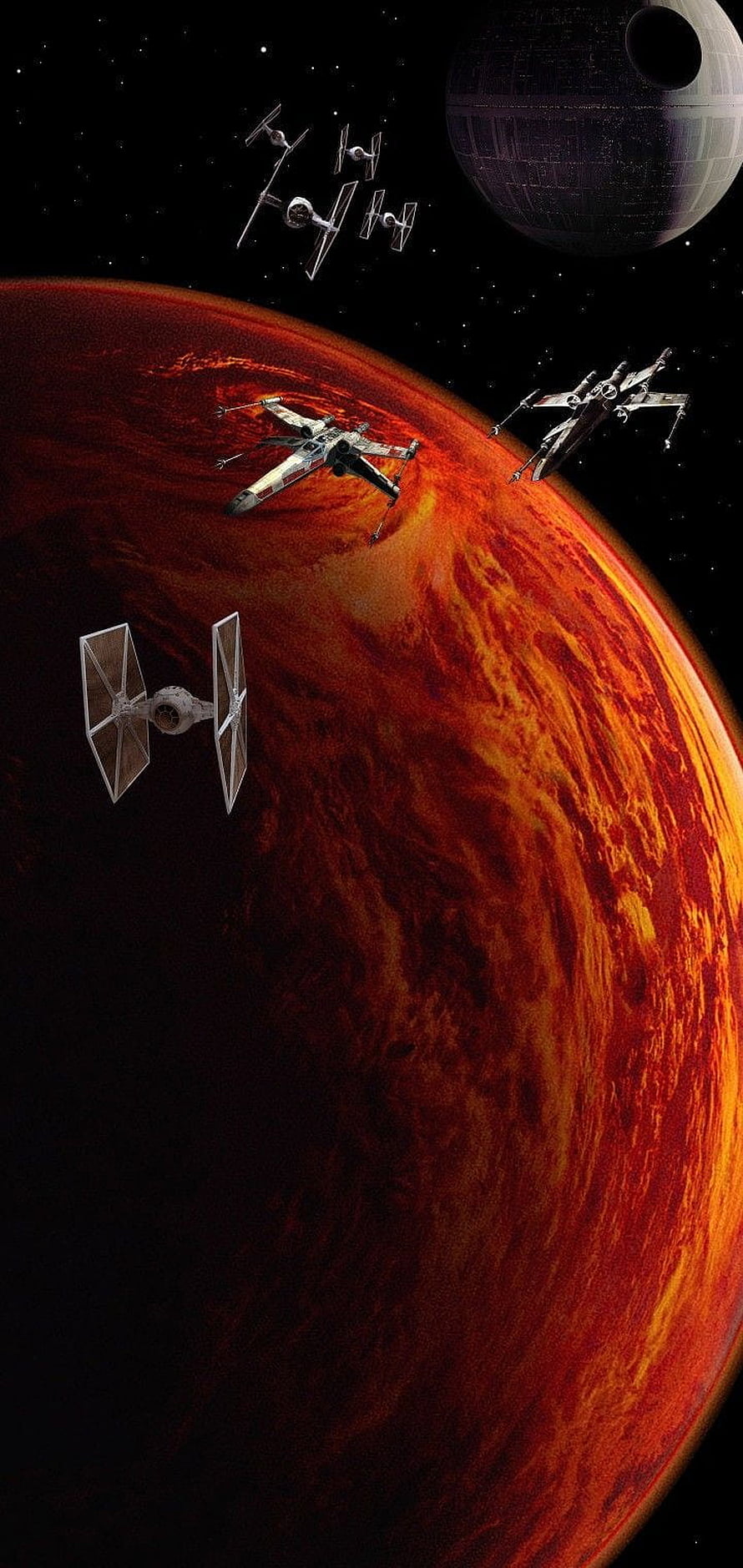 Star Wars X-Wing and TIE Fighter Space Battle Over a Fiery Red Planet with Death Star in the Background HD phone wallpaper