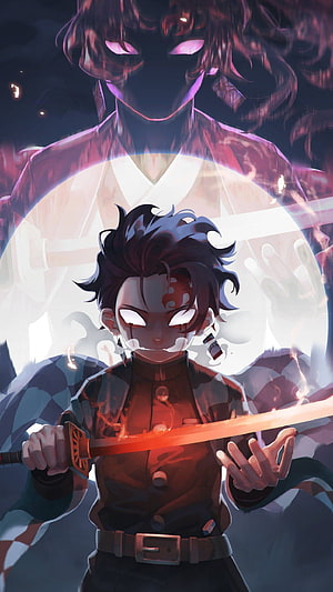 Tanjiro Kamado Demon Slayer Anime Wallpaper with Glowing Sword and Shadow Demon HD phone wallpaper