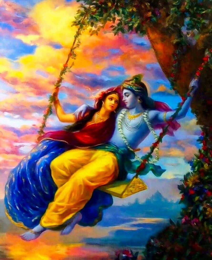 Radha Krishna on a Flower Swing in a Vibrant Sunset Sky HD phone wallpaper