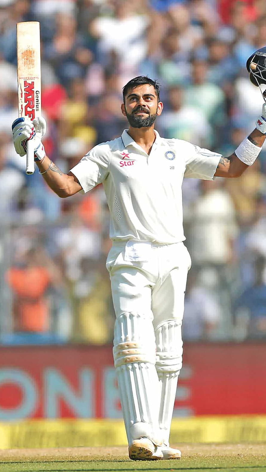 Virat Kohli Celebrating a Century in White Test Kit on the Cricket Field HD phone wallpaper