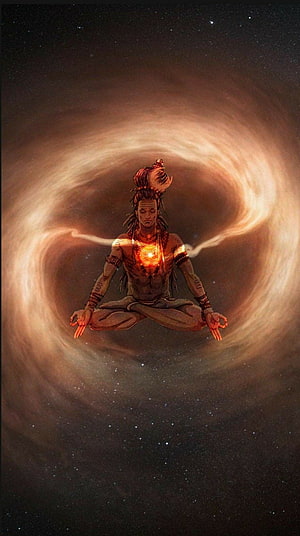 Shiva Nataraja meditating in cosmic space with glowing energy and swirling nebula background HD phone wallpaper