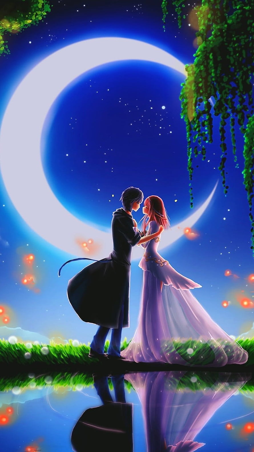 Romantic Anime Couple Dancing Under Giant Crescent Moon With Fireflies, Love Romantic Anime Couple Ultra , Love HD phone wallpaper