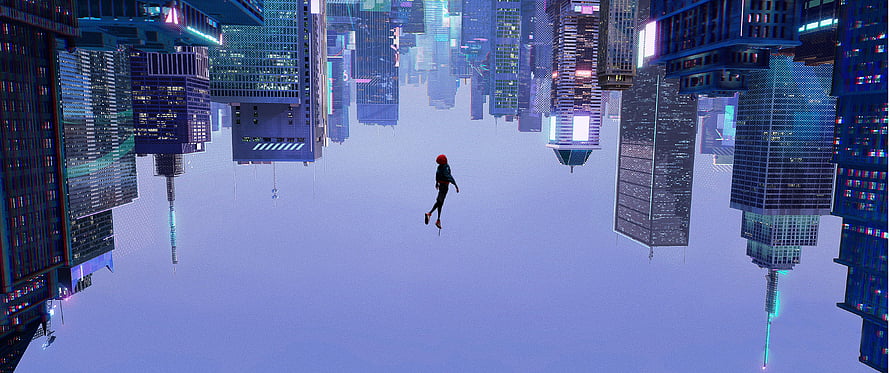 Miles Morales Spider-Man 2018 Animated Movie Scene Falling Through Upside Down City, Aesthetic Spider Man Into The Spider Verse, Miles Morales Falling HD wallpaper