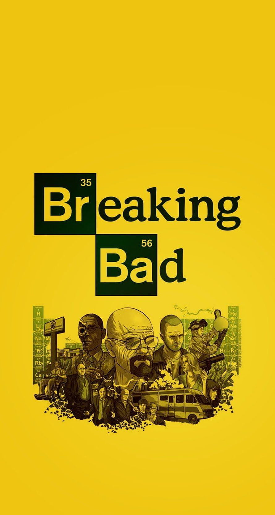 Breaking Bad Character Collage with Periodic Table Logo on Yellow Background HD phone wallpaper