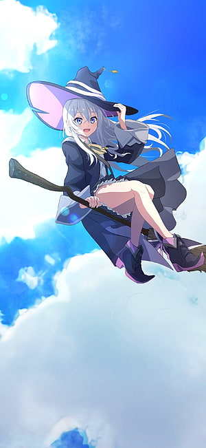 Elaina Flying on a Broomstick Through Blue Skies and Clouds HD phone wallpaper