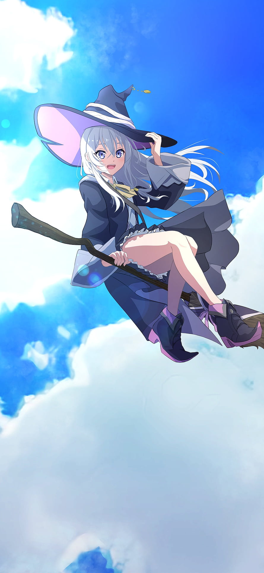 Elaina Flying on a Broomstick Through Blue Skies and Clouds HD phone wallpaper