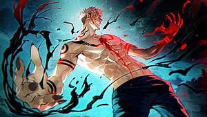 Sukuna Ryomen from Jujutsu Kaisen wielding dark cursed energy with a menacing grin HD wallpaper