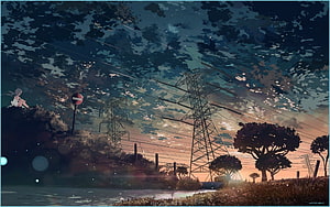 Studio Ghibli Style Dusk Landscape With Power Lines And Silhouetted Trees HD wallpaper