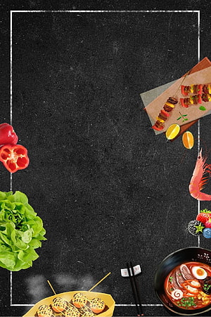 Gourmet Food Flat Lay on Black Slate with Skewers, Ramen, and Fresh Vegetables HD phone wallpaper