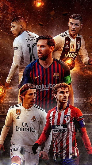 Lionel Messi, Cristiano Ronaldo, Kylian Mbappe, Luka Modric, and Antoine Griezmann Soccer Collage Wallpaper, Cool Background Soccer Players , Soccer Legends HD phone wallpaper