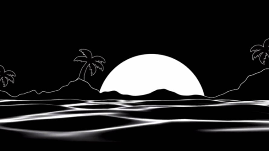 Minimalist Black and White Sunset with Palm Trees and Ocean Waves HD wallpaper