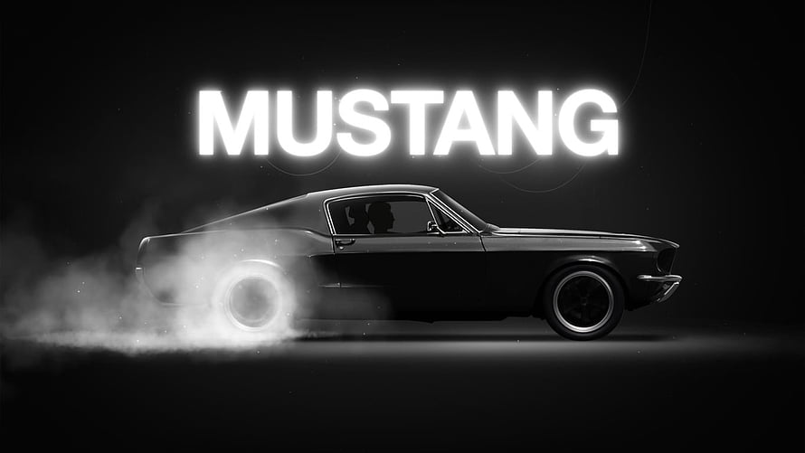 Classic Ford Mustang Side Profile with Smoke and Neon Text HD wallpaper