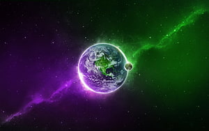 Earth and Moon in Vibrant Cosmic Nebula with Purple and Green Aurora HD wallpaper
