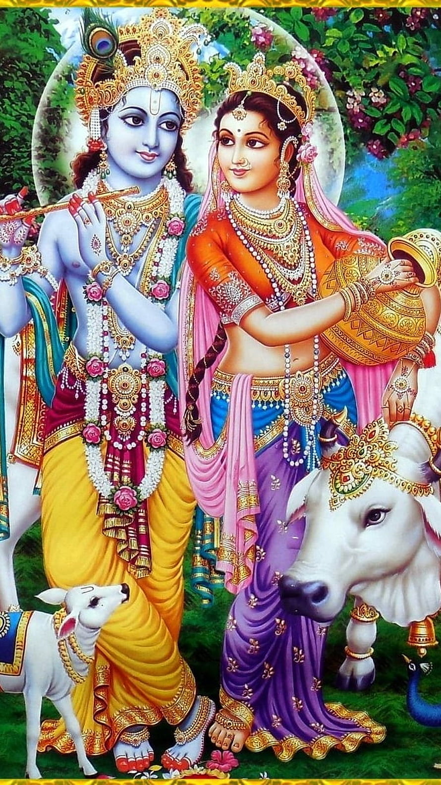 Radha Krishna Divine Couple With Cows In Lush Green Forest HD phone wallpaper
