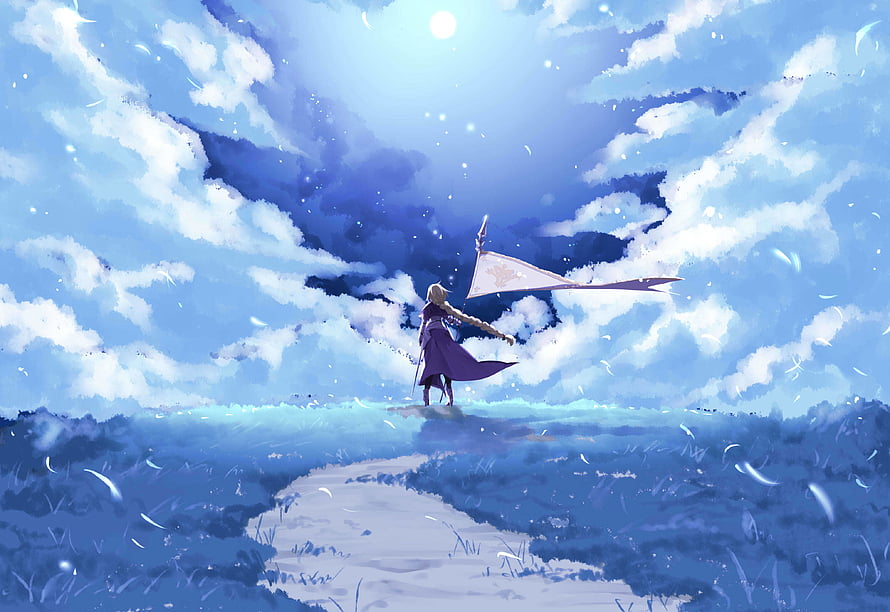 Fate Grand Order Ruler Character Standing on Path with Banner Under Cloudy Sky HD wallpaper
