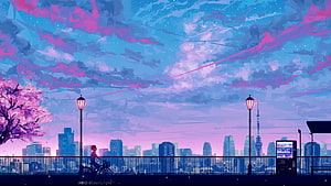 Anime Cityscape at Dusk with Tokyo Skytree and Cherry Blossoms HD wallpaper