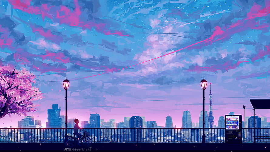 Anime Cityscape at Dusk with Tokyo Skytree and Cherry Blossoms HD wallpaper