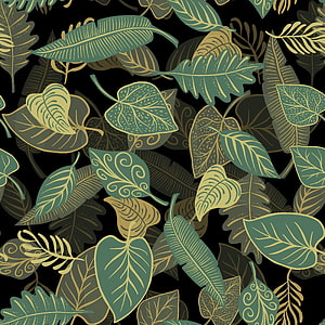 Seamless Tropical Leaf Pattern in Gold and Teal on Black Background HD phone wallpaper