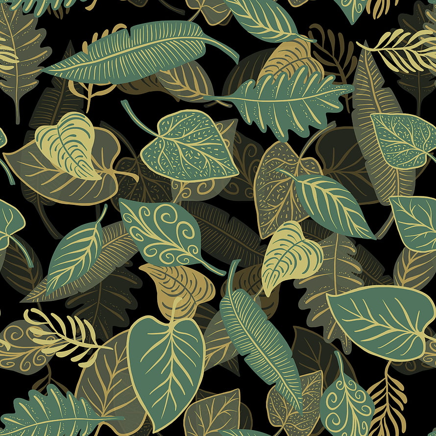 Seamless Tropical Leaf Pattern in Gold and Teal on Black Background HD phone wallpaper