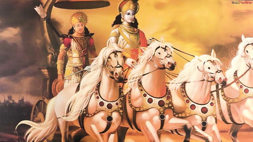 Mahabharata Krishna and Arjuna on White Chariot Horses HD wallpaper