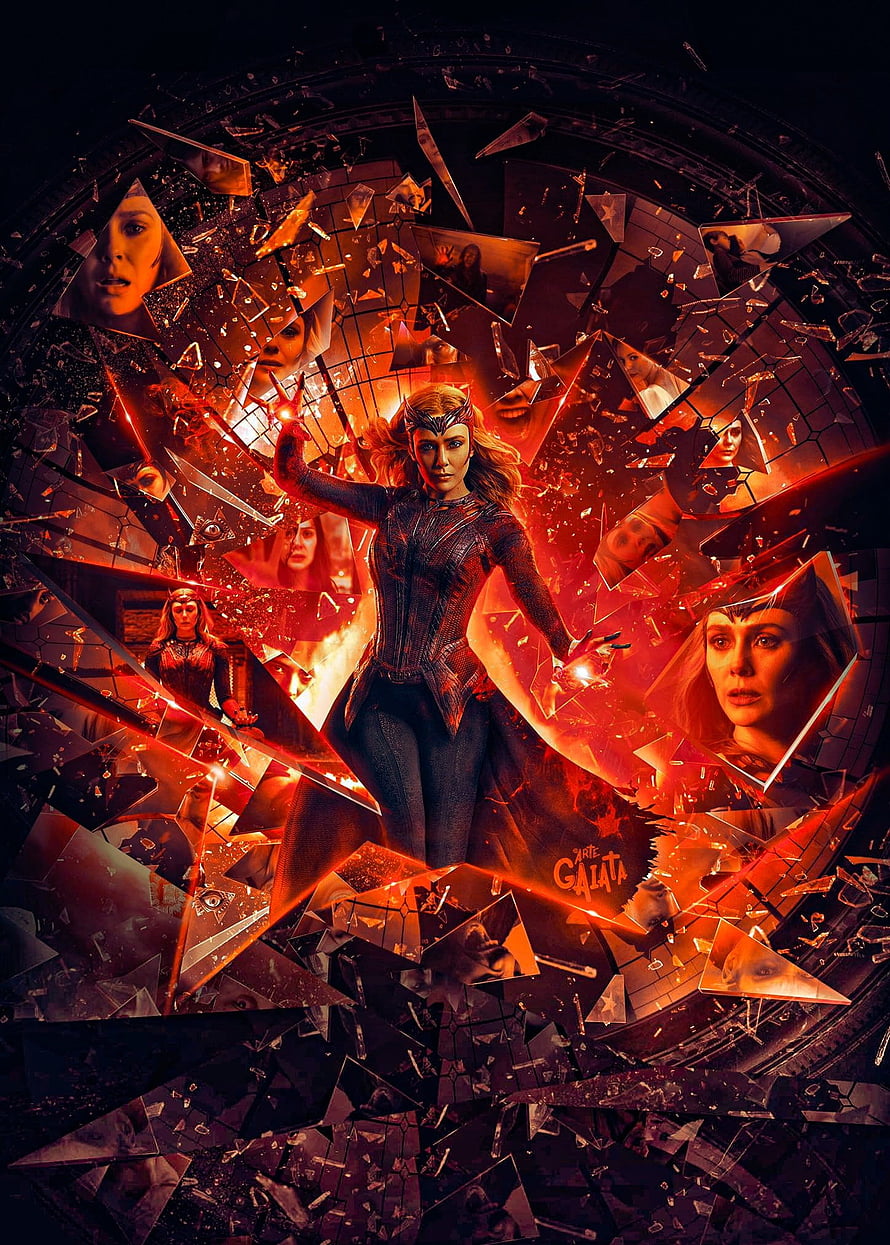 Scarlet Witch Wanda Maximoff shattering reality with red chaos magic in a shattered mirror collage HD phone wallpaper
