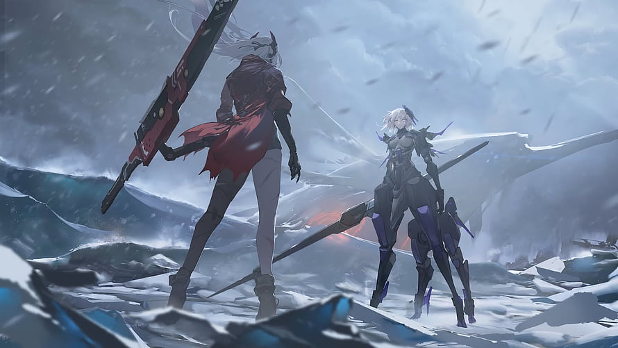 Punishing: Gray Raven Anime Illustration of Two Characters in a Snowy Battlefield HD wallpaper