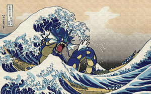 Gyarados Rising From The Great Wave Off Kanagawa In Ukiyo-e Style HD wallpaper