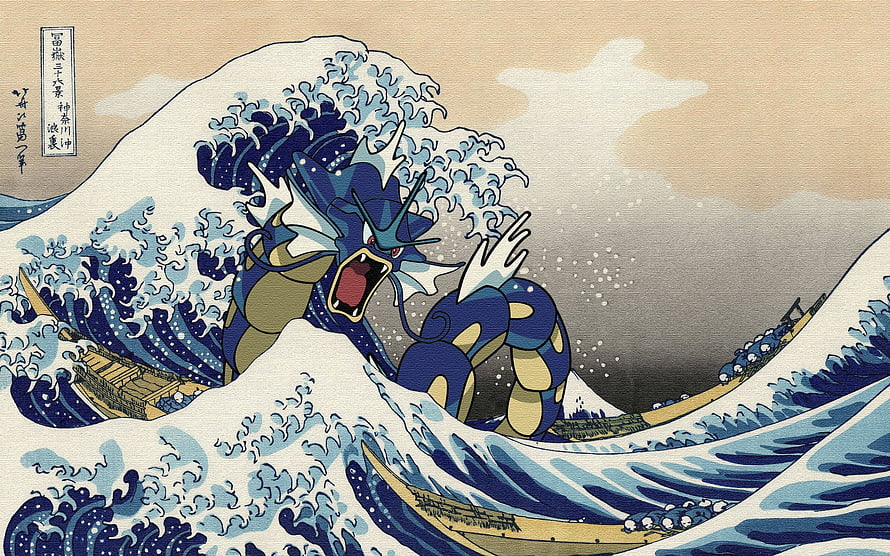 Gyarados Rising From The Great Wave Off Kanagawa In Ukiyo-e Style HD wallpaper