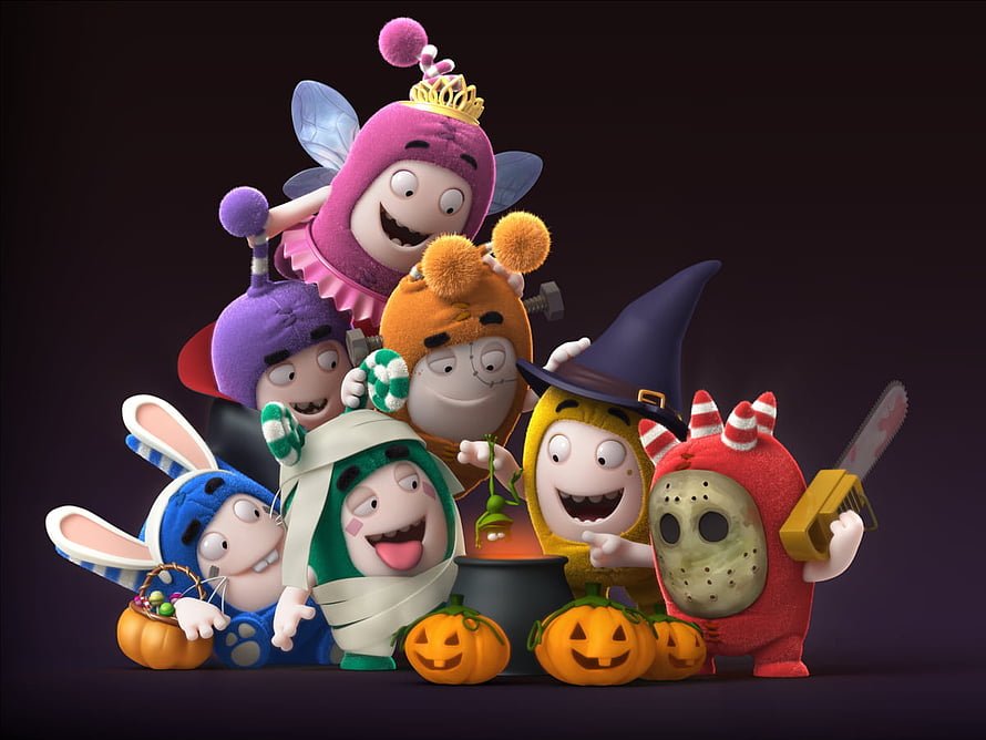 Oddbods in Halloween Costumes with Jack-o'-Lanterns and Cauldron HD wallpaper