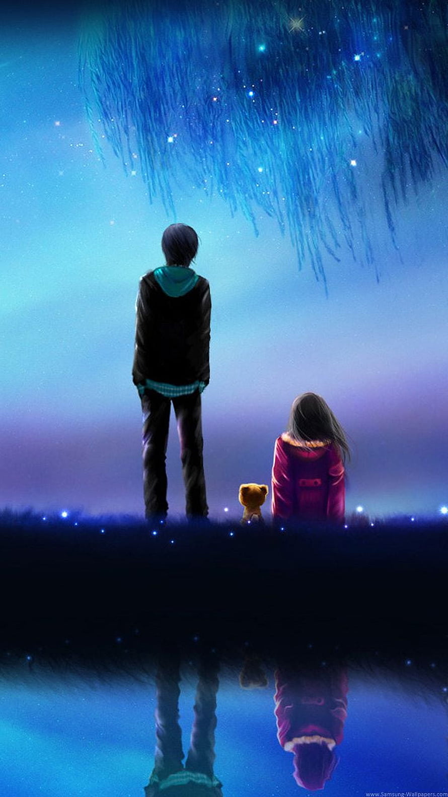 Anime Couple Watching Starry Sky Reflection HD phone wallpaper