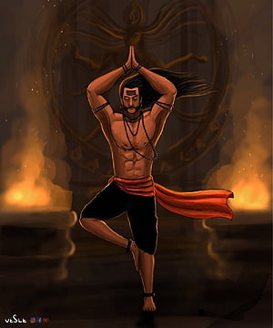 Ravana in Yoga Pose with Fire and Mandala Background Digital Illustration HD phone wallpaper