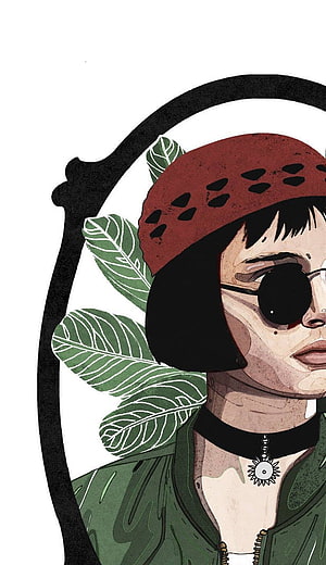 Mathilda from The Professional stylized portrait with red beret and tropical leaves HD phone wallpaper