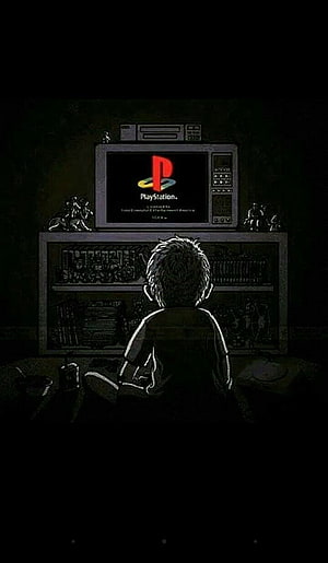 Nostalgic Boy Watching Classic PlayStation Boot Screen on Retro CRT Television HD phone wallpaper