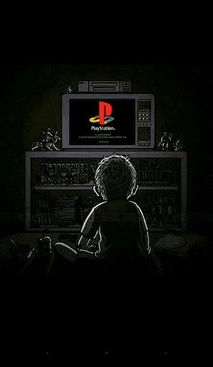 Nostalgic Boy Watching Classic PlayStation Boot Screen on Retro CRT Television HD phone wallpaper
