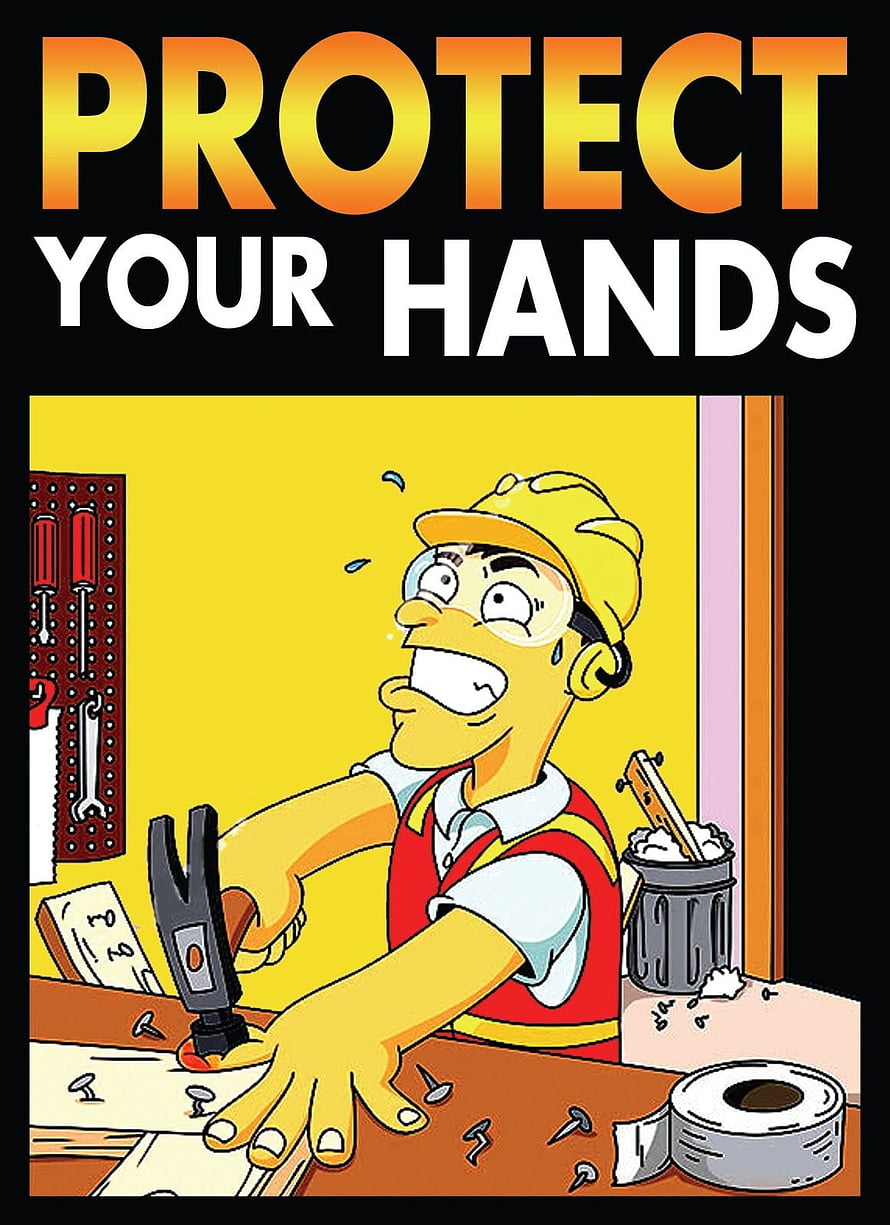 Protect Your Hands Safety Poster Featuring Cartoon Worker Using Hammer in Workshop HD phone wallpaper
