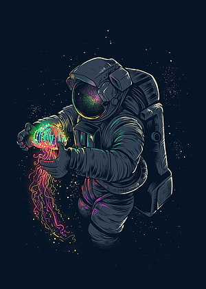 Astronaut Holding Glowing Jellyfish in Deep Space Trippy Illustration HD phone wallpaper