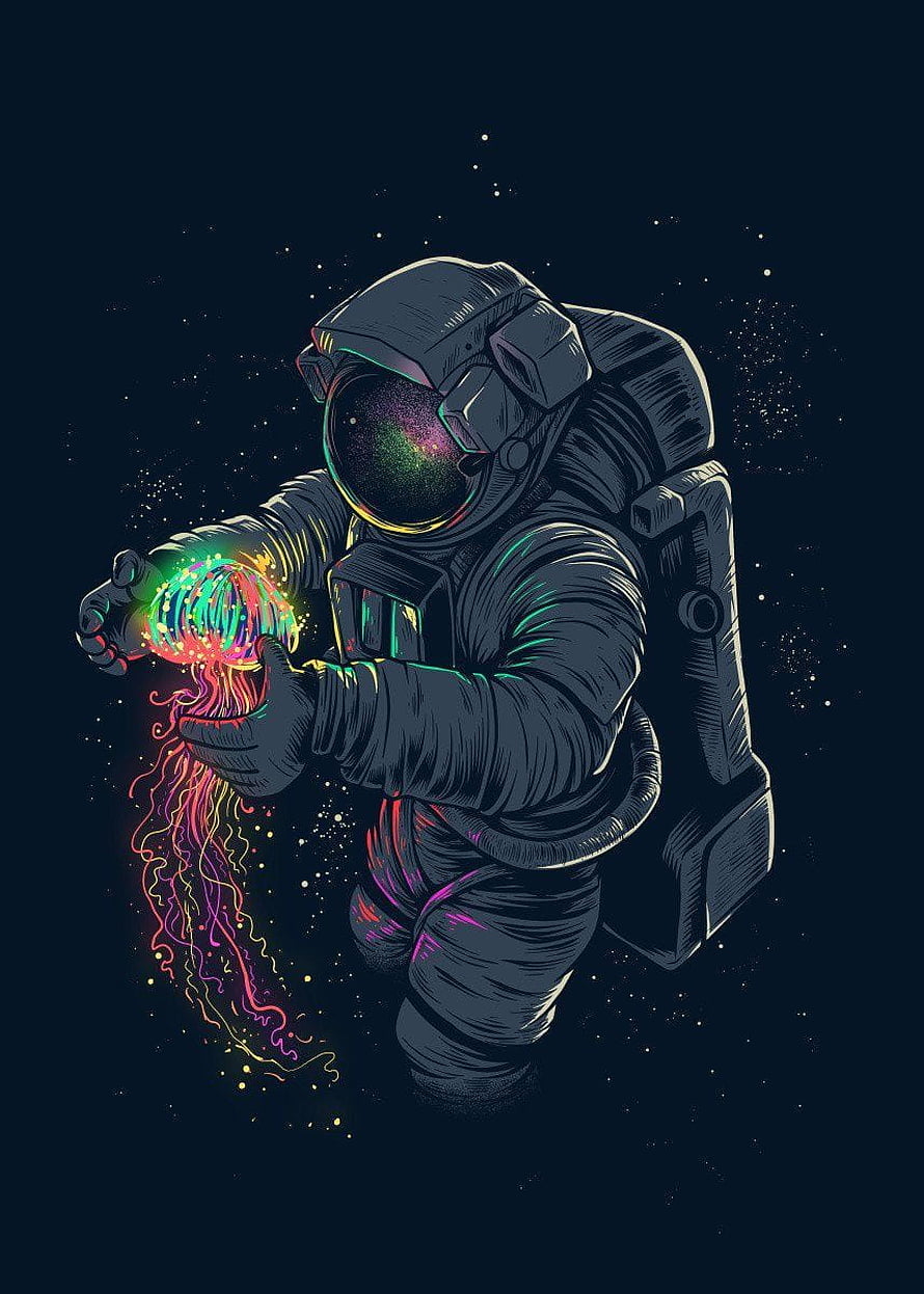 Astronaut Holding Glowing Jellyfish in Deep Space Trippy Illustration HD phone wallpaper