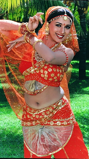 Indian Actress Tamannaah Bhatia in Traditional Red and Gold Dance Costume, Madhuri Dixit, bollywood actress, navel HD phone wallpaper