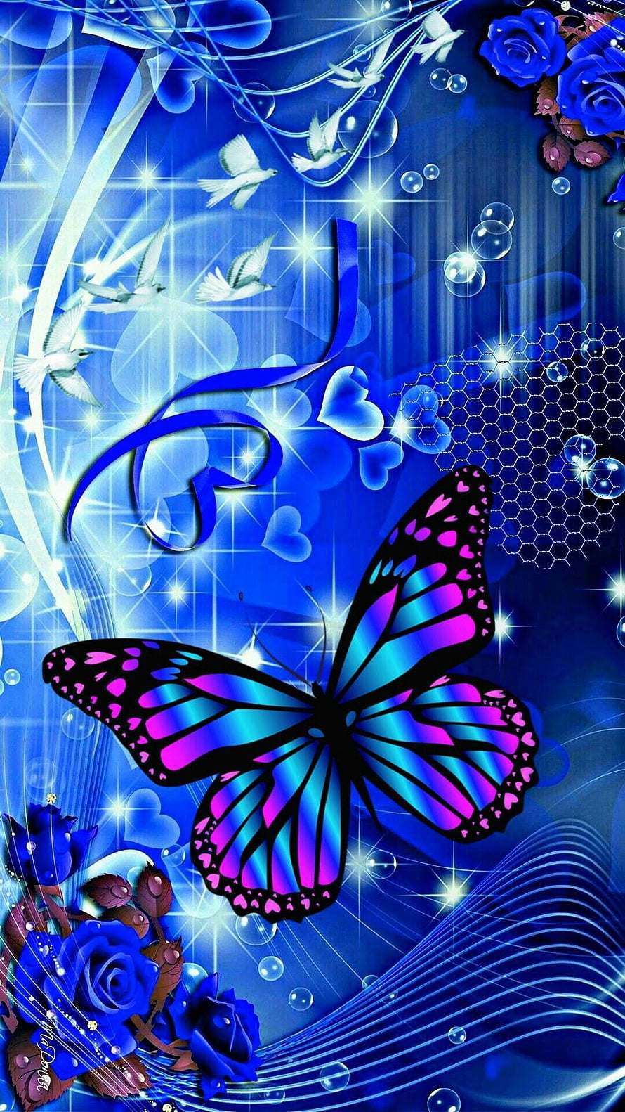 Vibrant Blue Butterfly and Roses Digital Art Wallpaper HD phone wallpaper
