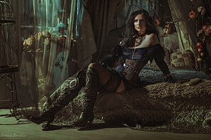 Dark Fantasy Woman in Leather Corset and Boots Sitting on Bed, Cosplay ~ Yennefer, model, yennefer, cosplay, girl, kristina borodkina, the witcher, woman HD wallpaper
