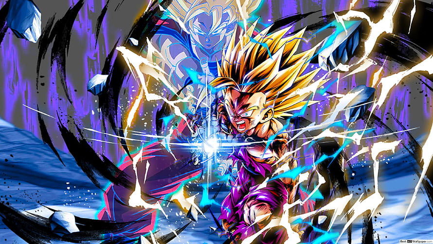 Super Saiyan 2 Gohan Dragon Ball Legends Artwork with Electric Energy and Purple Aura HD wallpaper