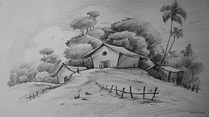 Rural Village Pencil Sketch with Thatched Huts and Lush Trees HD wallpaper