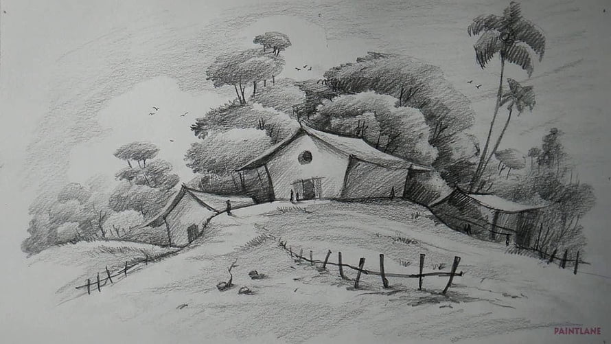 Rural Village Pencil Sketch with Thatched Huts and Lush Trees HD wallpaper