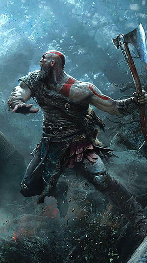 Kratos from God of War wielding the Leviathan Axe in a misty Nordic forest HD phone wallpaper