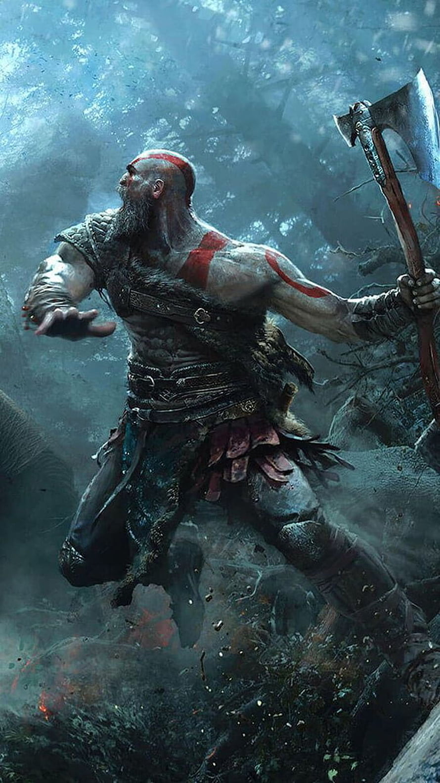 Kratos from God of War wielding the Leviathan Axe in a misty Nordic forest HD phone wallpaper