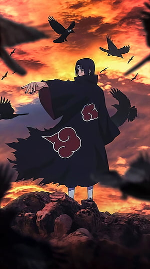 Itachi Uchiha in Akatsuki Cloak Standing on Rocks with Crows at Sunset HD phone wallpaper