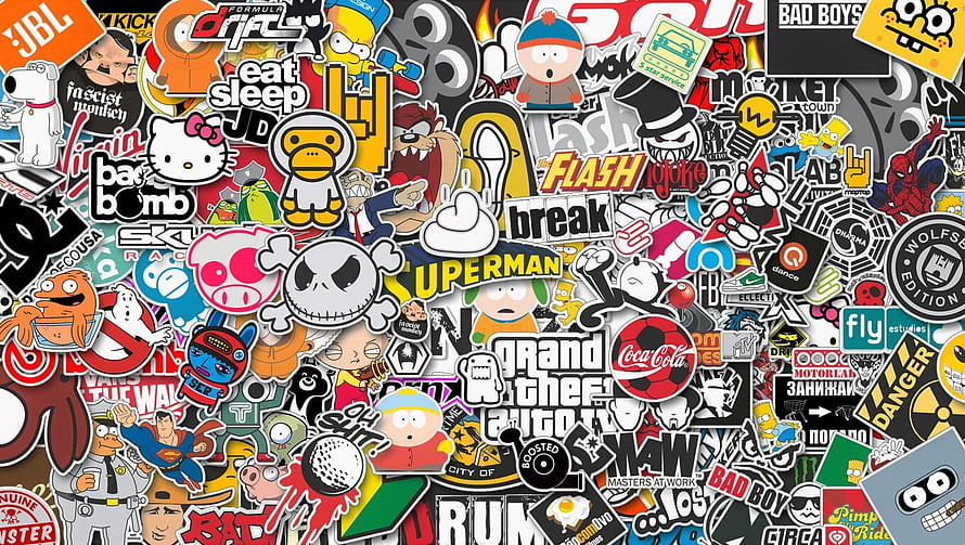 Dense Pop Culture Sticker Bomb Collage with Cartoon Characters and Brand Logos HD wallpaper