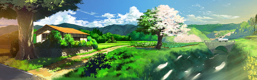 Serene Japanese Countryside Landscape with Cherry Blossom Tree and River HD wallpaper
