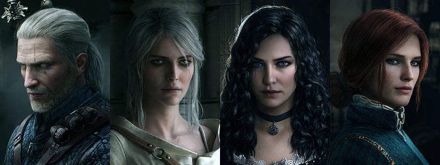 The Witcher 3 Character Portraits: Geralt, Ciri, Yennefer, and Triss HD wallpaper